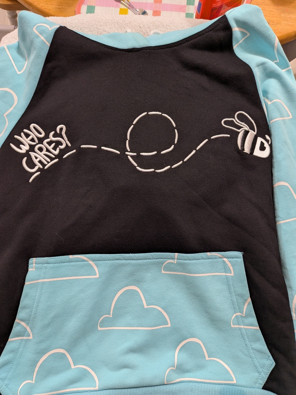Who Cares Bee Graphic Pullover Hoodie - Black & Light Blue